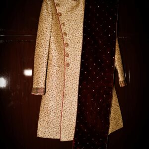 Regal Golden Embroidered Sherwani with Maroon Velvet Dupatta